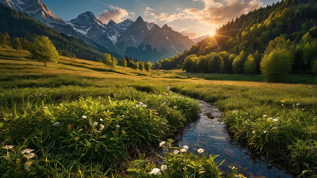 Panoramic view of alpine meadow and snow-capped mountains at sunsetの写真素材