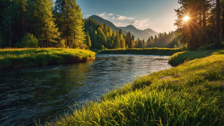 Mountain river at sunset. Beautiful mountain landscape with river and forest.の写真素材