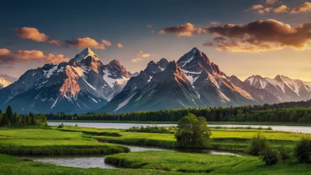 Beautiful mountain landscape with a lake.の写真素材