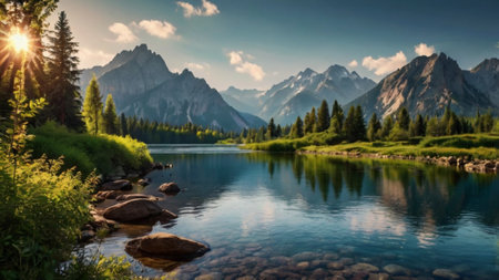 Panoramic view of the lake in the mountains. Landscape photography.の写真素材