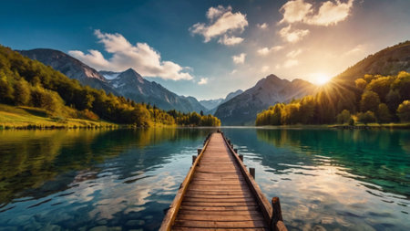 Wooden pier on the lake in the Alps. Beautiful summer landscape.の写真素材