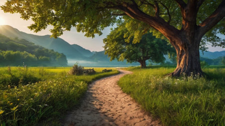 Beautiful summer landscape with a path and a big tree in the foreground