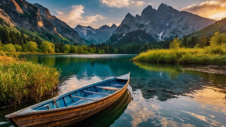Boat on the lake in Dolomites mountains, Italy.の写真素材