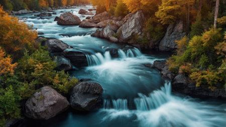 Mountain river in the autumn forest. Beautiful landscape with a waterfallの写真素材