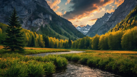 Beautiful mountain landscape with a river and forest at sunset. Panoramaの写真素材