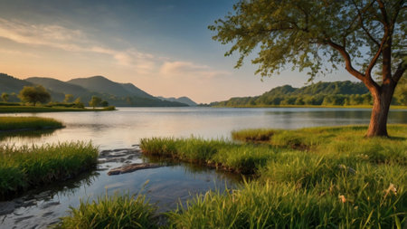 Beautiful sunset over the lake with trees and grass in the foregroundの写真素材