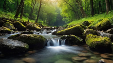 Mountain river flowing through the green forest. Beautiful nature landscape.の写真素材