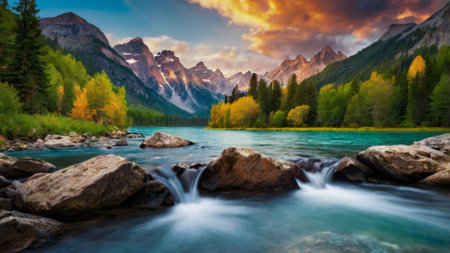 Mountain river in the mountains. The concept of active and photo tourismの写真素材