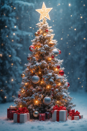 Christmas tree with gifts and decorations in the snow. Christmas background.の写真素材