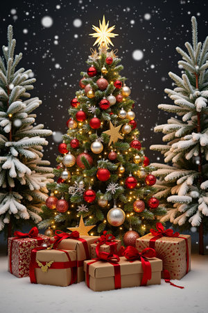 Christmas tree with gifts and snowflakes. New Year background.の写真素材