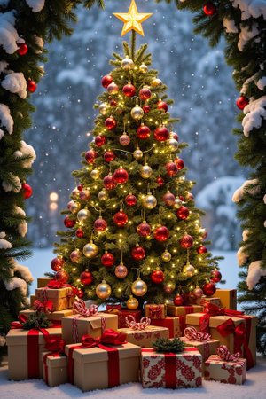 Christmas tree with gifts on the background of the winter landscape. Christmas background.の写真素材