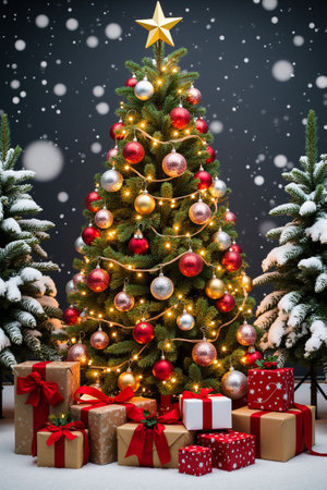 Christmas tree with gifts and lights on the background of a snowy landscapeの写真素材