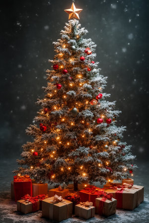 Christmas tree with presents and lights on dark background. Christmas and New Year conceptの写真素材