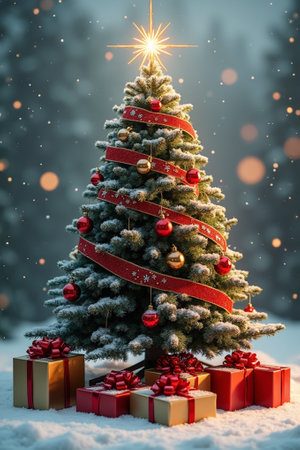 Christmas tree with gift boxes on snow background. Christmas greeting card.の写真素材