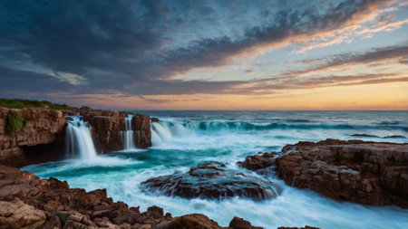 Long exposure of a waterfall falling into the ocean at sunset, Cape Town, South Africa