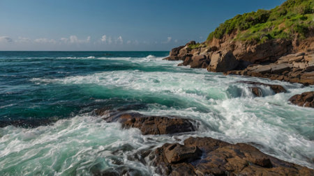 waves crashing against the rocks on the coast of the island of Sri Lankaの写真素材