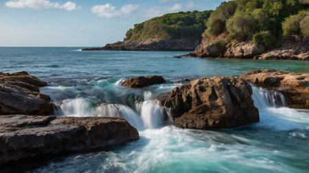 Panoramic view of a waterfall on the Costa Brava, Catalonia, Spainの写真素材