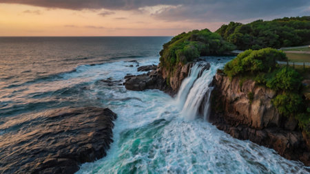 Aerial panoramic view of a waterfall in the middle of the ocean at sunset