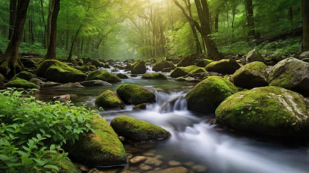 Stream in the green forest. Spring landscape. Beautiful nature scene.の写真素材