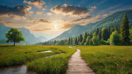 Mountain landscape with a wooden path through the meadow and forest at sunsetの写真素材