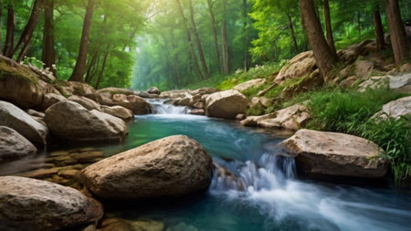 Beautiful mountain river in the green forest. Beautiful nature background.の写真素材