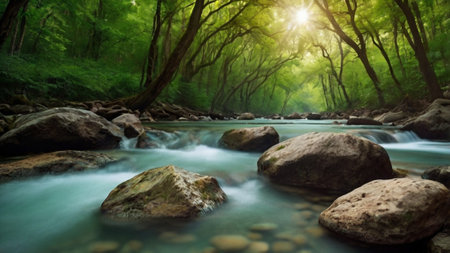 Beautiful mountain river flowing through the green forest on a summer day