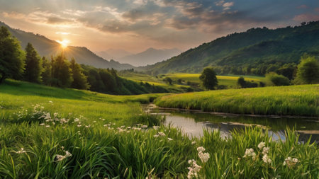 Sunset over the river and the meadow in the mountains.の写真素材