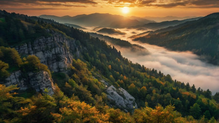 Foggy morning in the mountains. Colorful autumn landscape.の写真素材