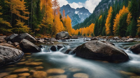 Mountain river and colorful autumn forest in Dolomites, Italyの写真素材