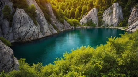 Beautiful view of turquoise water of Plitvice Lakes National Park in Croatiaの写真素材