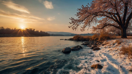 Beautiful sunset on the lake with cherry blossom trees on the shoreの写真素材