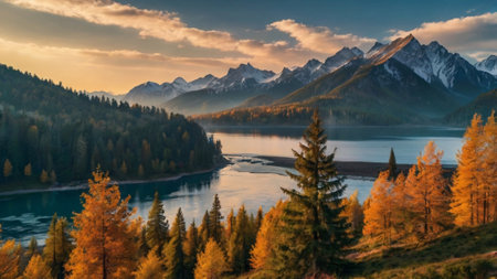 Beautiful autumn landscape with lake, mountains and forest at sunset.
