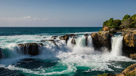Waterfall on the Mediterranean Sea in Turkey. Panoramic view