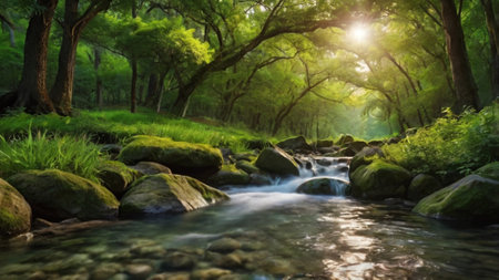 Beautiful nature landscape of green forest and mountain river in the morningの写真素材
