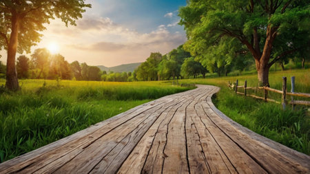 Wooden path in the meadow with green grass and sunset.