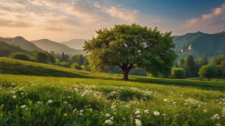 Beautiful summer landscape with a lonely tree on the meadow.の写真素材