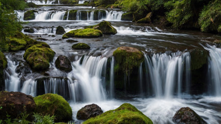 Long exposure of a waterfall flowing over mossy rocks in the forestの写真素材