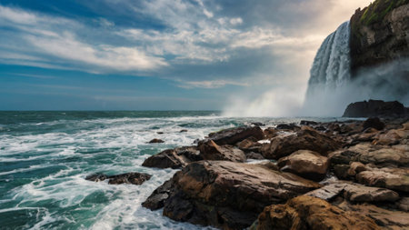 Panoramic view of Niagara Falls, Ontario, Canada. The waterfall is the largest waterfall in Canada.の写真素材