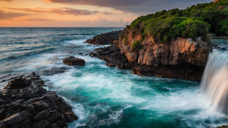 Panorama of a waterfall on the beach at sunset in Bali, Indonesiaの写真素材