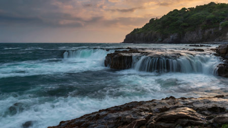 Panoramic view of a beautiful waterfall on the seashoreの写真素材