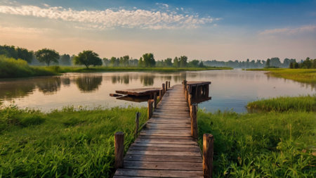 Wooden bridge over the lake in the morning. Beautiful landscape.