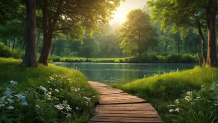 Wooden path in the park with green grass and flowers at sunsetの写真素材