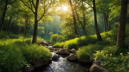 Beautiful green forest with river and sun flare in summer season.の写真素材