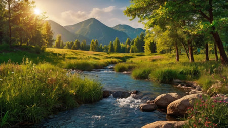 Beautiful mountain landscape with a clear mountain river in the rays of the setting sunの写真素材