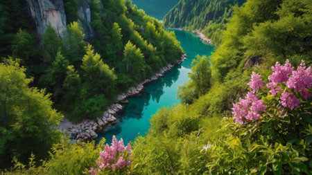 Landscape with azalea flowers and turquoise water of the mountain riverの写真素材