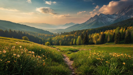 Panoramic view of alpine meadow with dandelions at sunset.の写真素材
