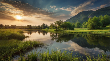 Beautiful summer landscape with river, forest and mountains at sunset.の写真素材
