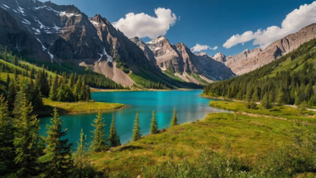 Panoramic view of mountains and turquoise lake in Canadian Rockiesの写真素材