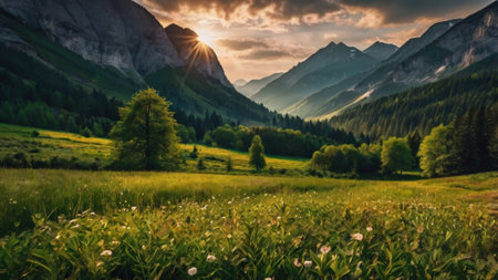 Mountain landscape with green meadow and forest at sunset time.の写真素材
