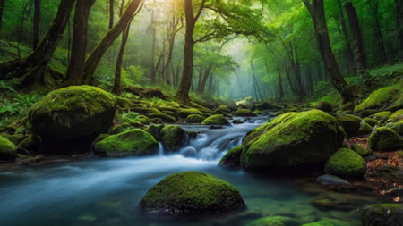 Mountain stream flowing through the green forest. Beautiful nature scenery.の写真素材